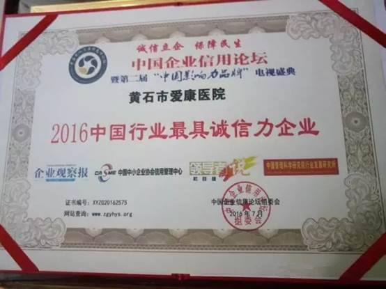 黄石市爱康医院荣获“2016中国行业最具诚信力企业”奖